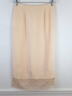 Vintage Talbots Beige Silk Long Maxi Straight Skirt Embroidered Hem Back Split